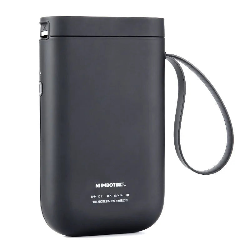 D11 Bluetooth thermal label printer in black, white, pink, green, or bundle colours, shown with smartphone running the label design app.