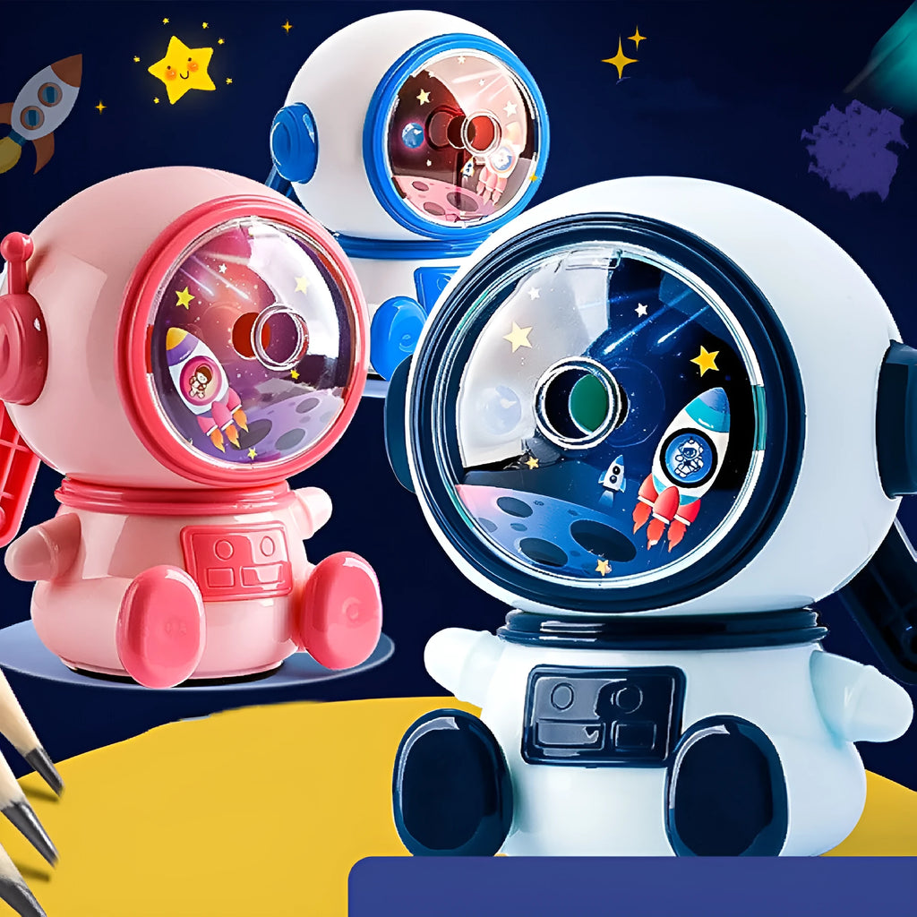 Blue cartoon astronaut manual pencil sharpener for children on a desk