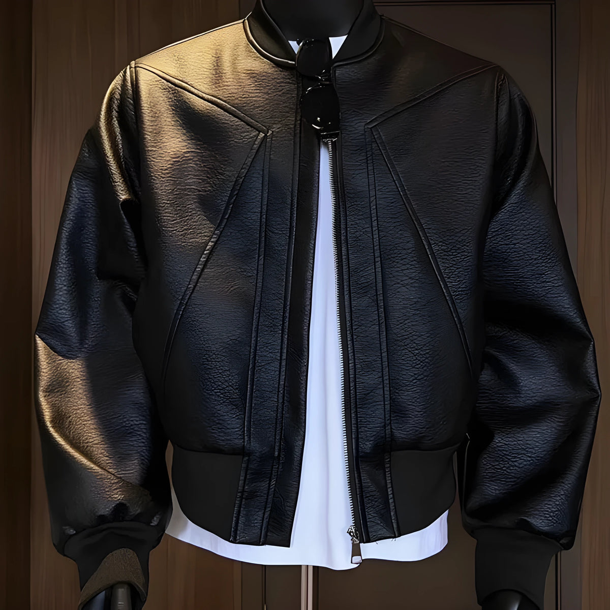 Men's black PU litchi leather jacket with extended length body in slim fit