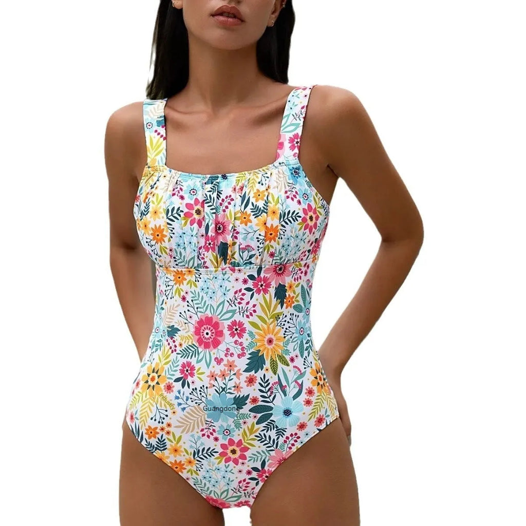Women's pastoral style floral print one-piece swimsuit with polyester lining