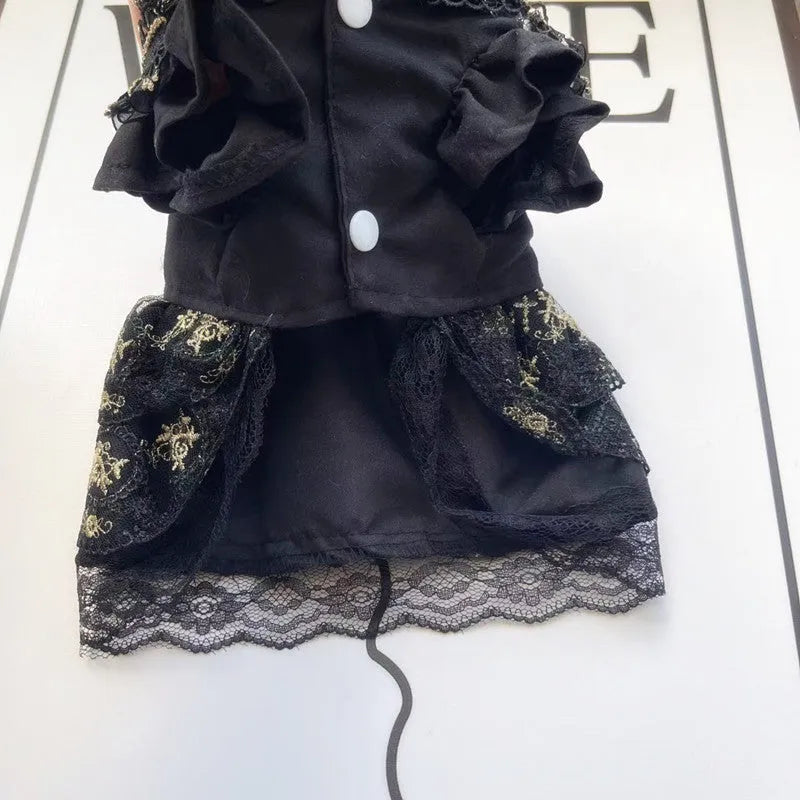 Golden gothic princess style skirt for a small dog on a mannequin, showing the size tag.