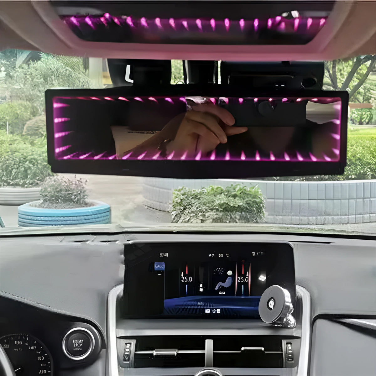 Car rearview mirror accessory with flat 280mm design and decorative lighting in monochrome colours