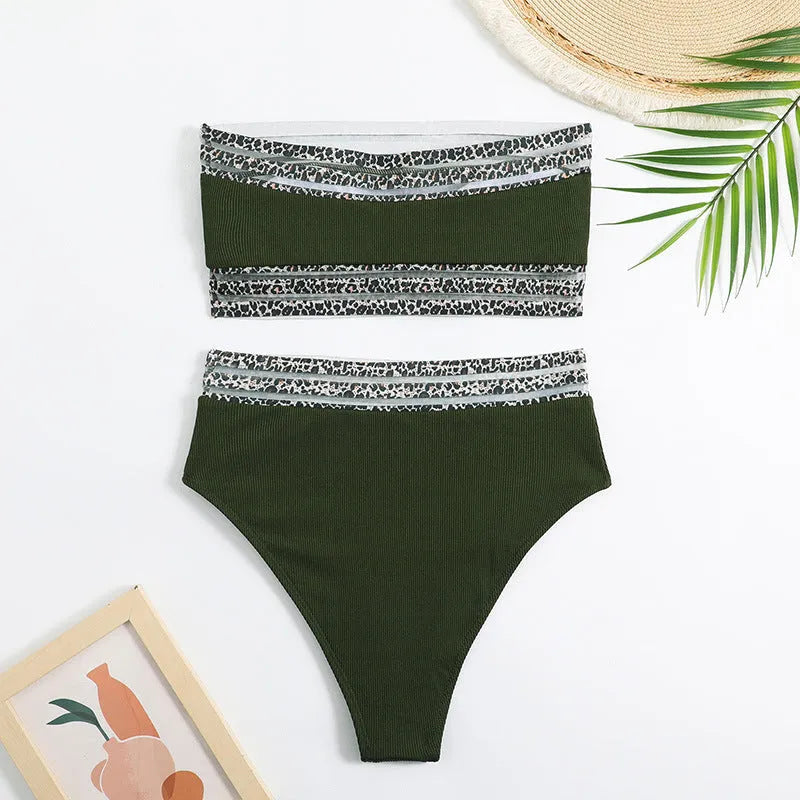 Black strapless bikini set with leopard print design, showing briefs-style shorts and top.