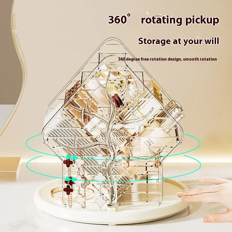 Rotating cosmetics storage box in amber gold colour on a bathroom countertop