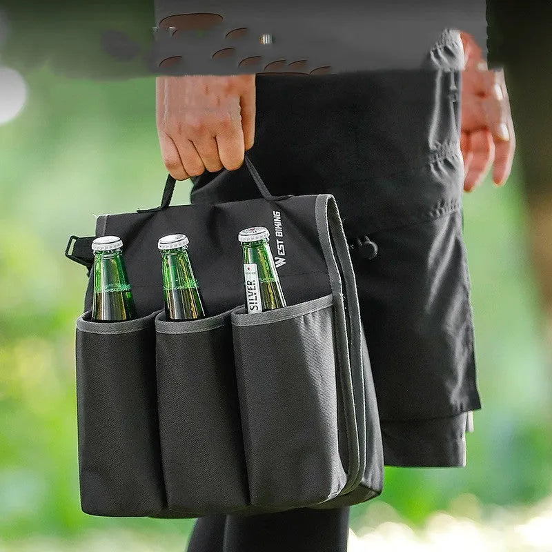 Black and orange double-sided bicycle beverage bag mounted on bike frame with 2L capacity