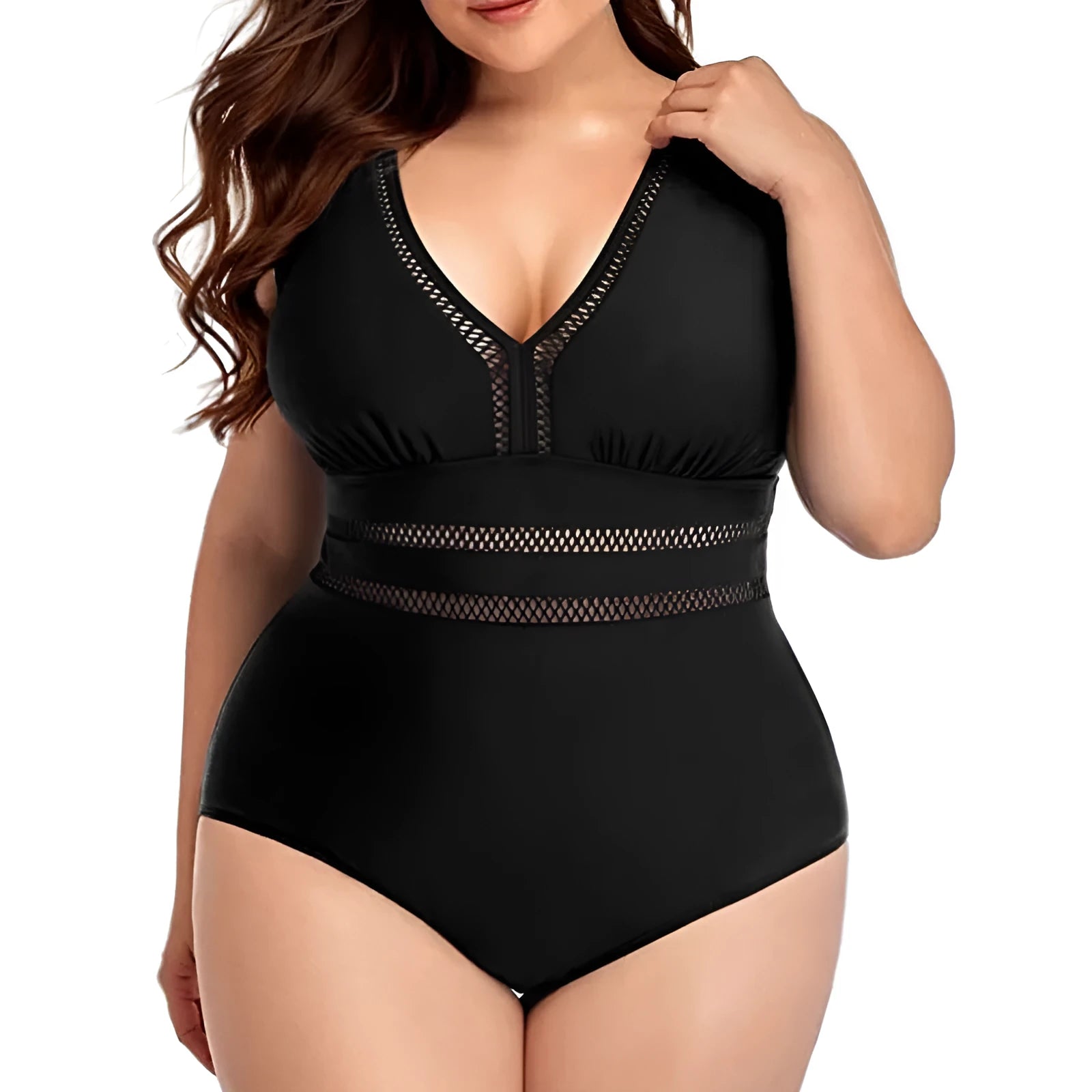 Black printed plus size women's bikini swimsuit on a hanger.