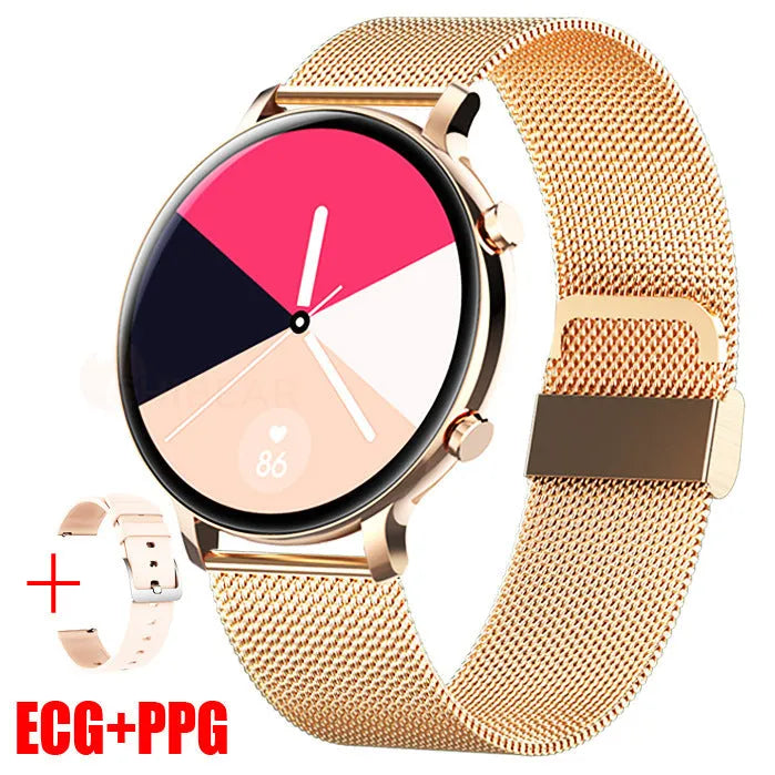 Bluetooth smartwatch with stainless steel strap showing 41-43mm screen with heart rate display