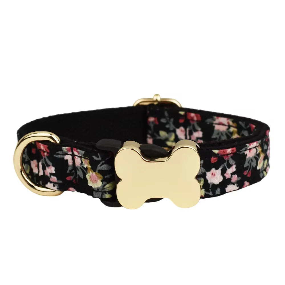 Flat fabric printed grid design dog collar with bone buckle in multiple colour options