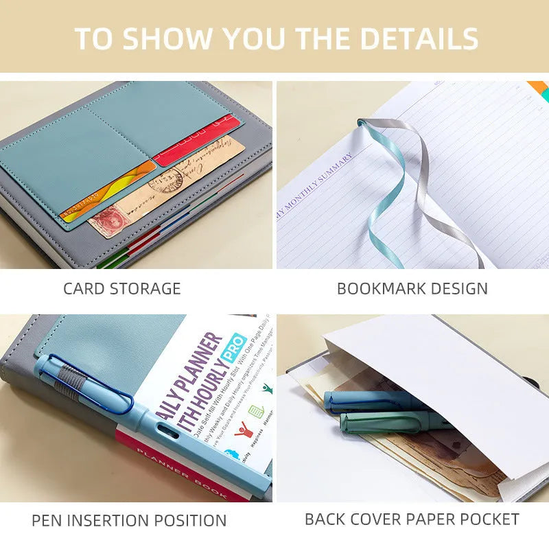 Creative undated notebook with PU leather-style cover in purple, green, black, grey, pink, or orange.
