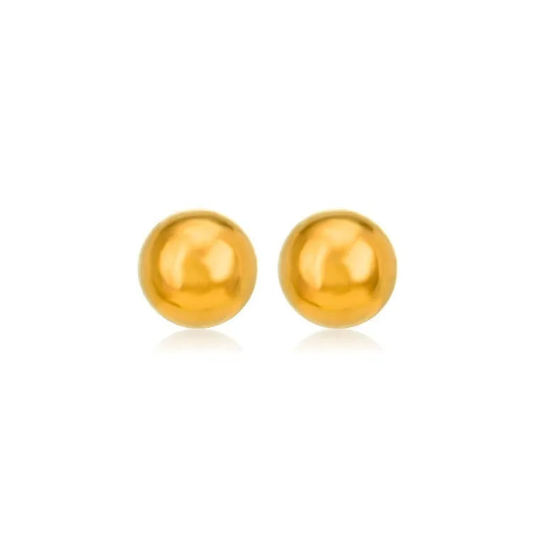 Gold and silver spherical ball stud earrings in 3mm, 4mm, 5mm, and 6mm sizes on a plain background.