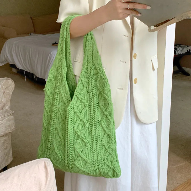Retro hollow knitted wool yarn shoulder tote bag in solid colour with double straps