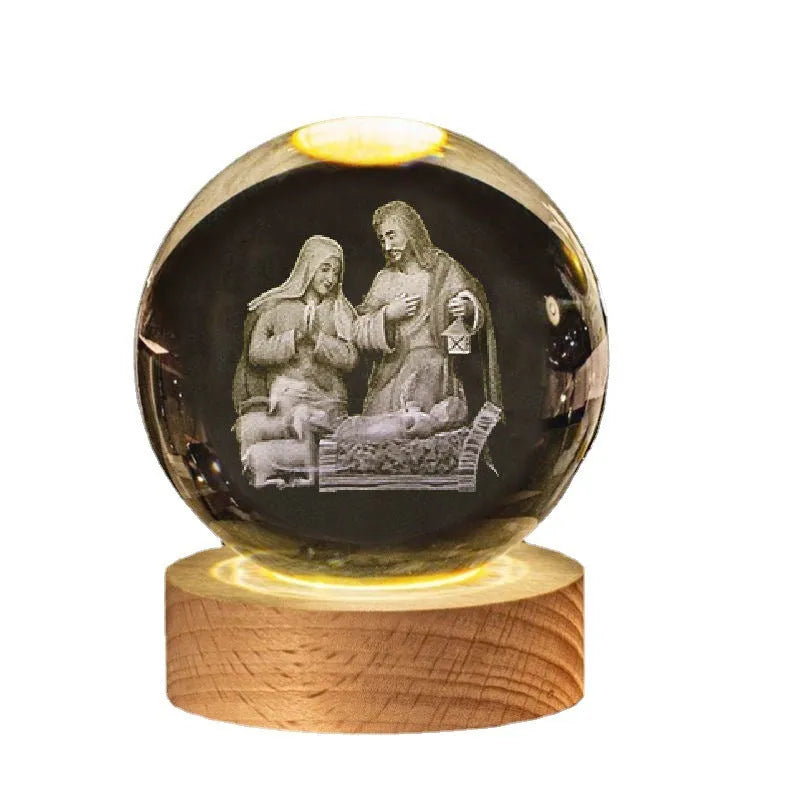 White crystal ball desk ornament on solid wood base with inner paper purity scenes