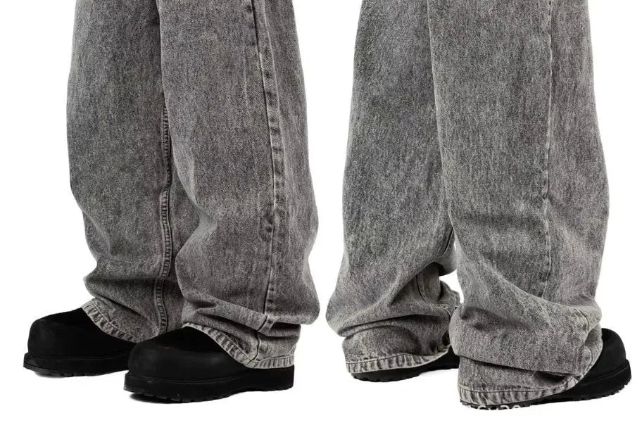Gray loose straight-leg denim trousers for men and women with mid-waist fit