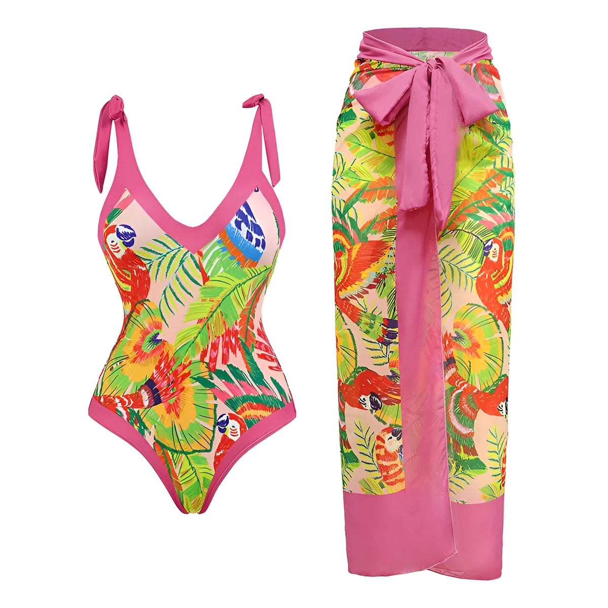 Women's solid colour one-piece swimsuit with thin spaghetti straps and a matching removable skirt.