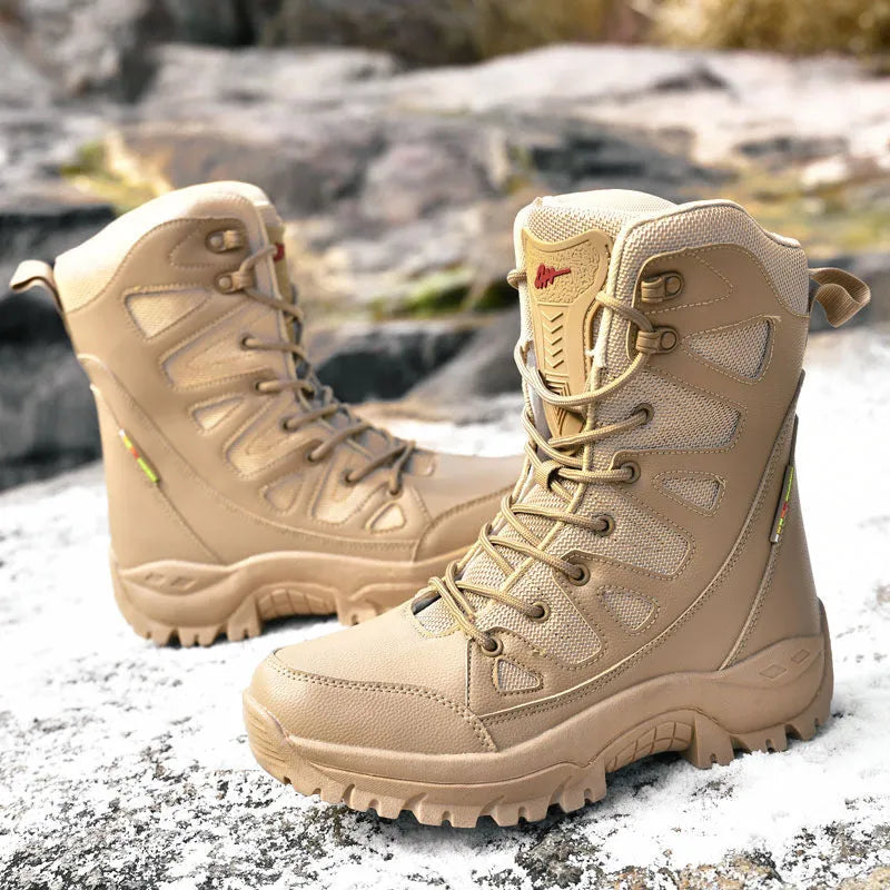 Cowhide leather hi-top hiking shoes for outdoor activities in beige colour