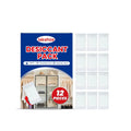 Pack of 12 white calcium chloride desiccant pouches for absorbing moisture in cupboards.