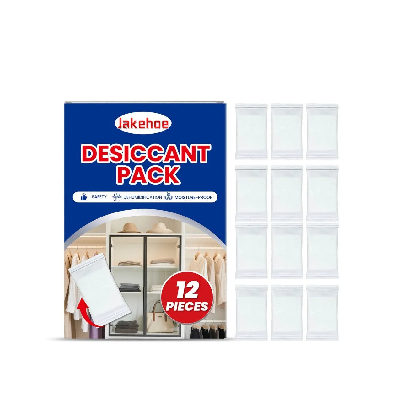 Pack of 12 white calcium chloride desiccant pouches for absorbing moisture in cupboards.