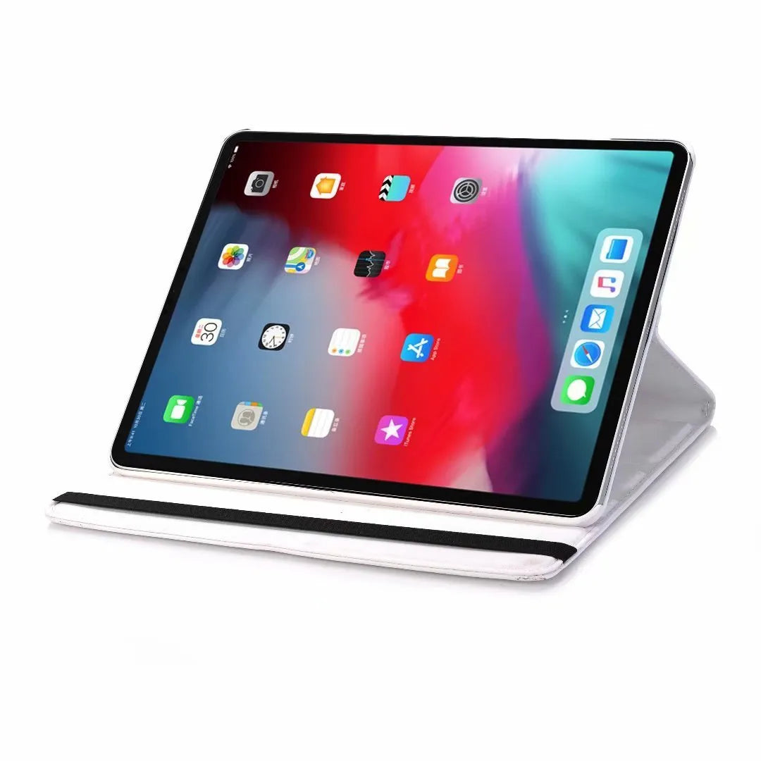 iPad rotating clamshell protective sleeve in imitation leather, shown in multiple colour options.
