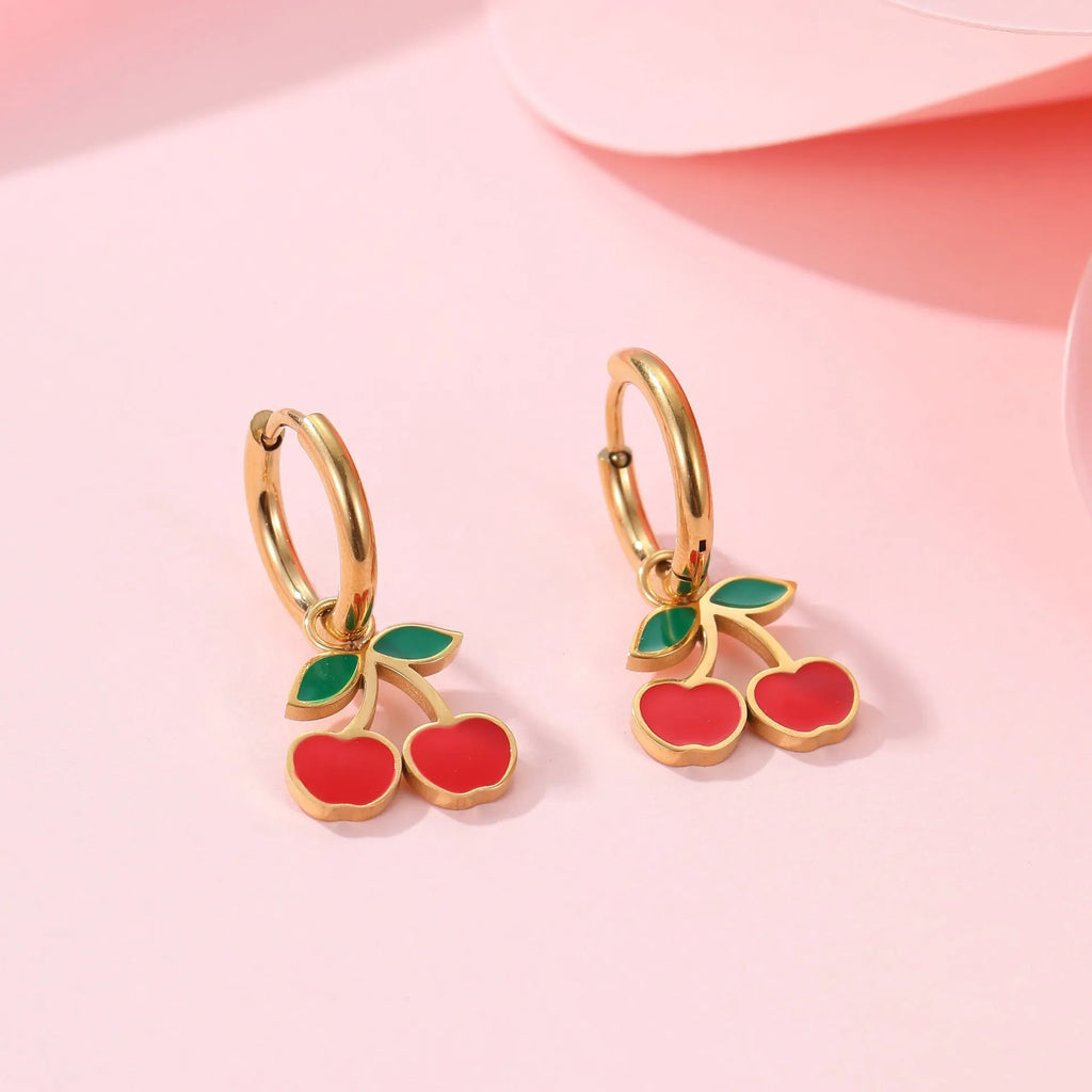 Cherry necklace, bracelet, earrings, and ring set in stainless steel with gold plating.