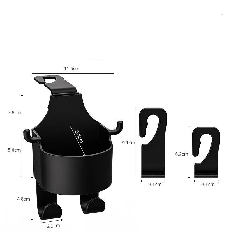 Black plastic car seat back hook organiser with built-in cup holder