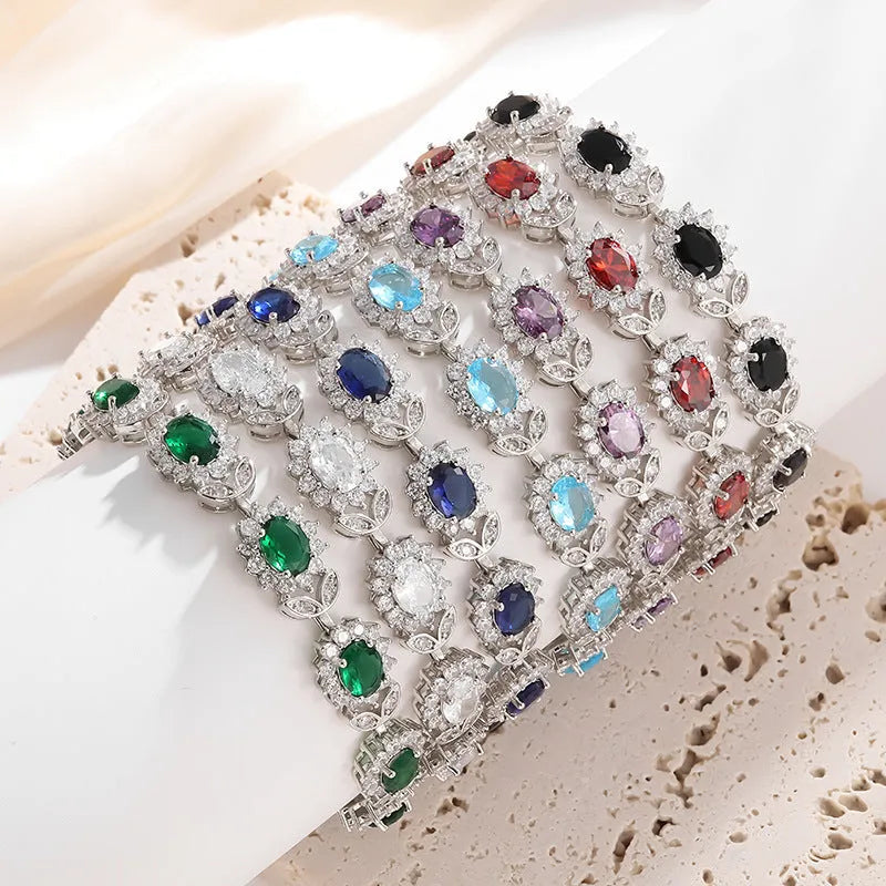 Women's simple zircon bracelet with coloured gemstone settings on electroplated environmentally friendly alloy
