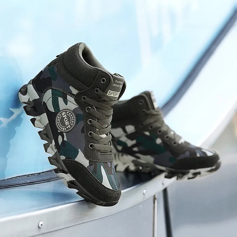 Green camouflage canvas women's sneakers with a rubber outsole on a white background.