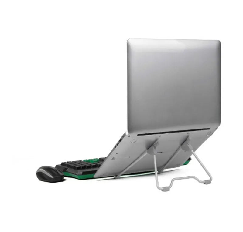 Grey aluminium alloy and plastic mobile phone stand holding a smartphone and tablet at an angle.