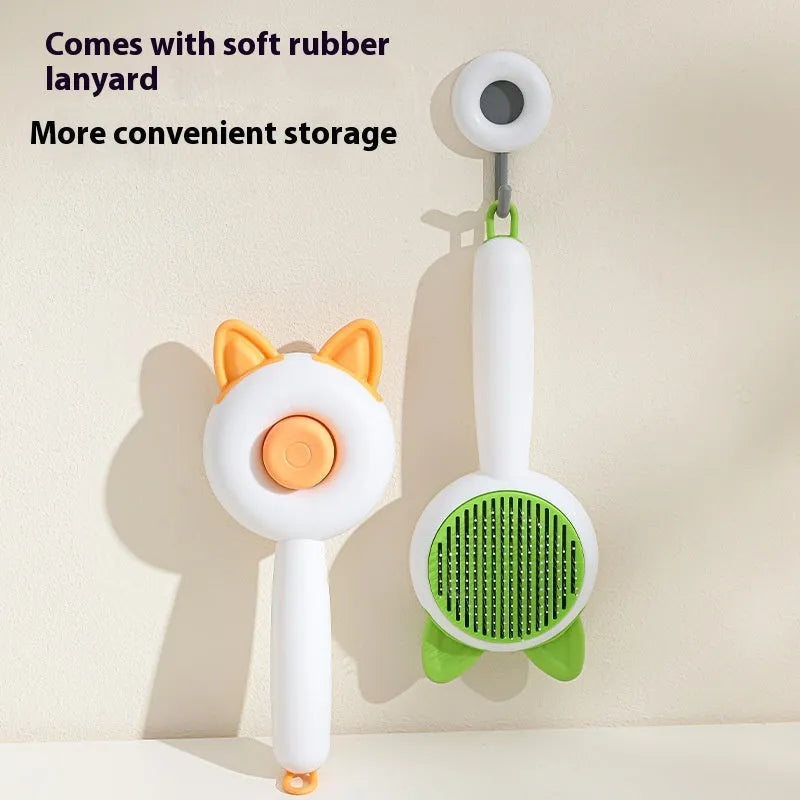 Self-cleaning cat grooming comb with stainless steel pins and rubber massage nodules in greenish white colour