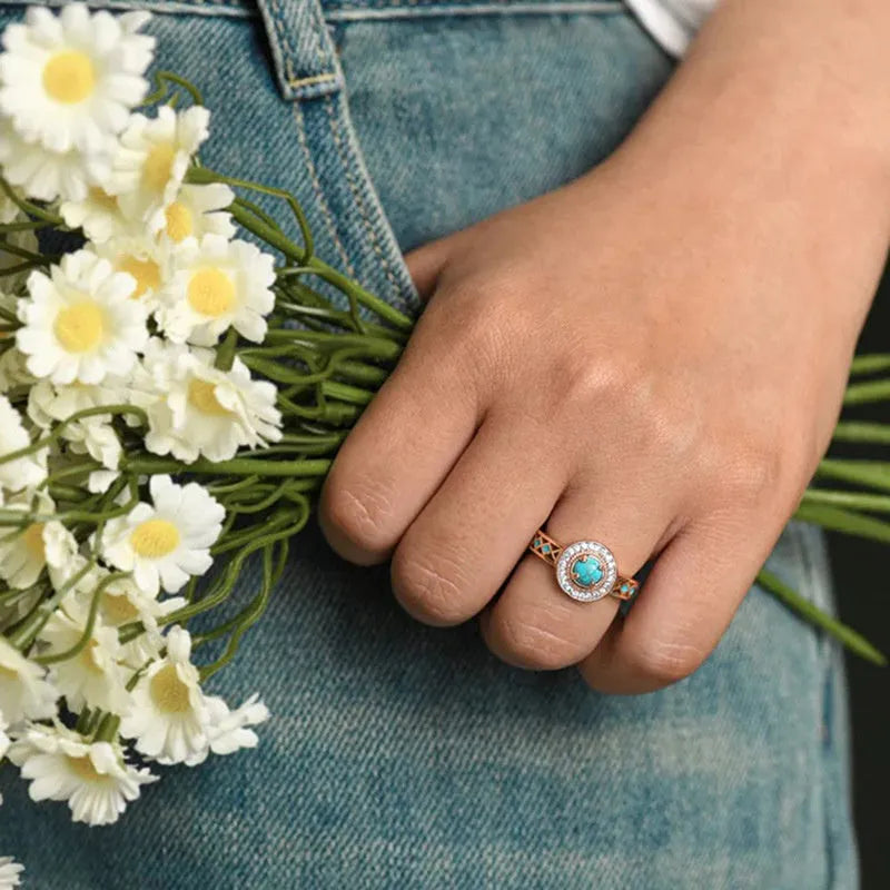 Women's turquoise zircon ethnic ring with geometric design in rose gold copper