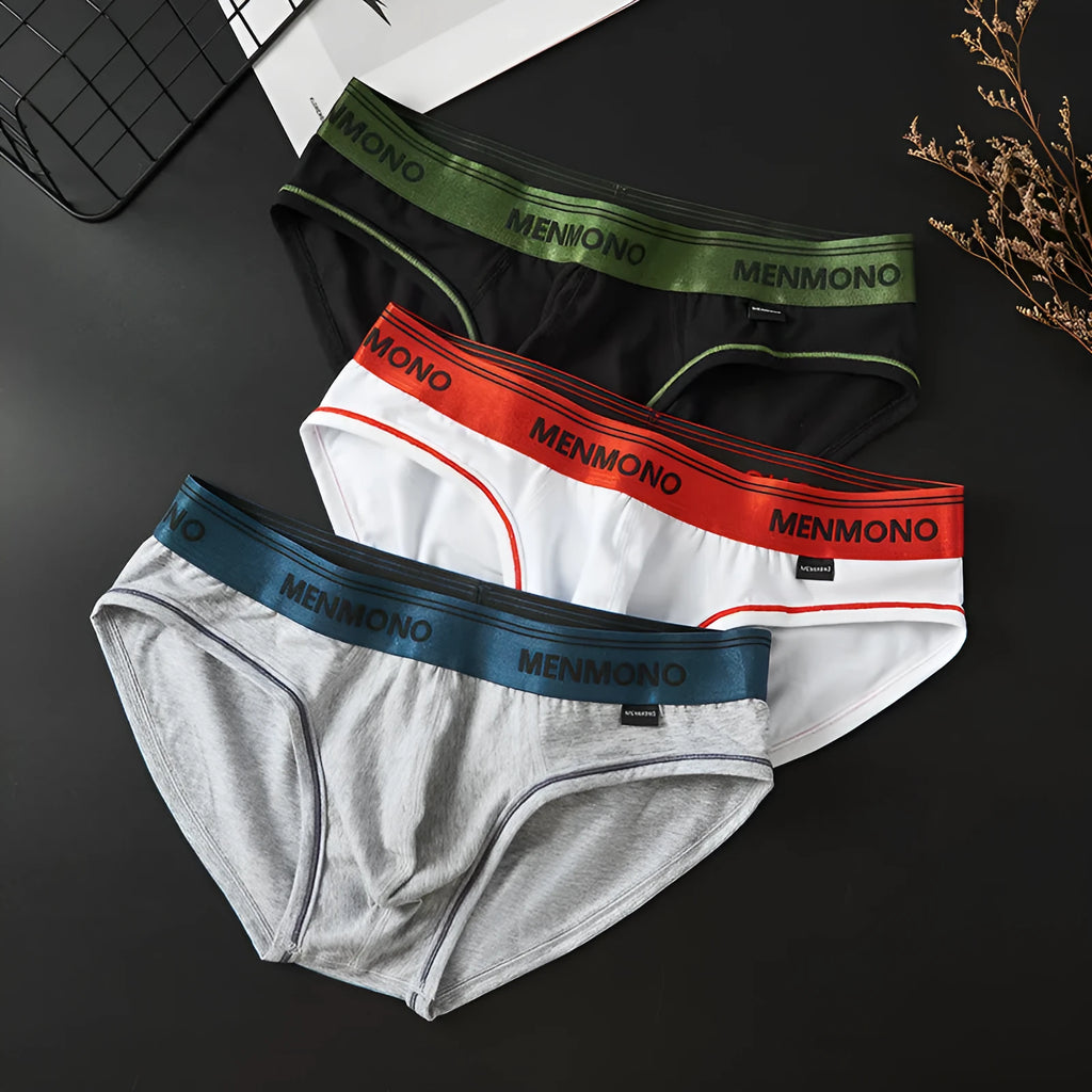 Men's low waist cotton briefs in a black and blue colour combination.