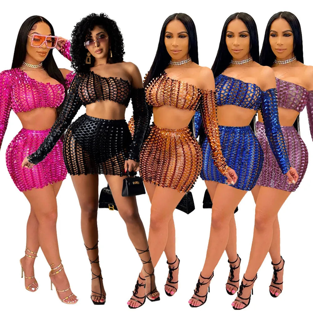 Women's black hollow-out net two-piece sleeveless dress set with short skirt