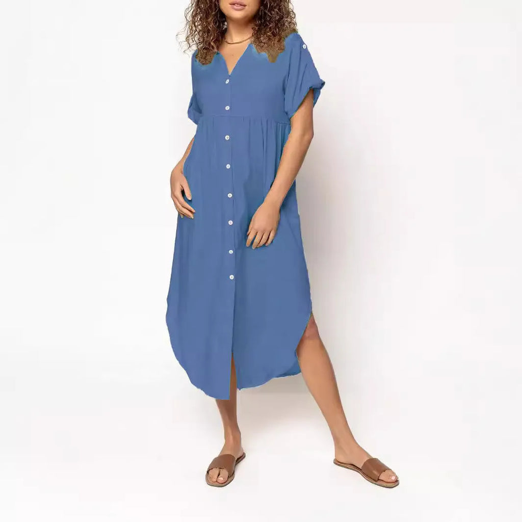 Mid-length solid colour casual dress with button front in pink black blue grey purple red army green apricot watermelon red featuring regular sleeves and mid-waist design