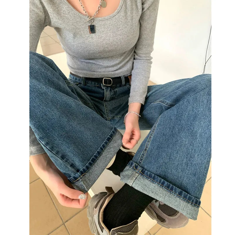 Women's high waist straight leg jeans in retro blue cotton denim showing front and back views