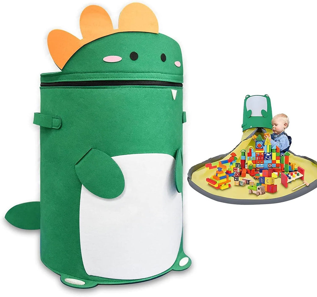 Green cube-shaped felt storage bag with pull rope, laid flat as a play mat.