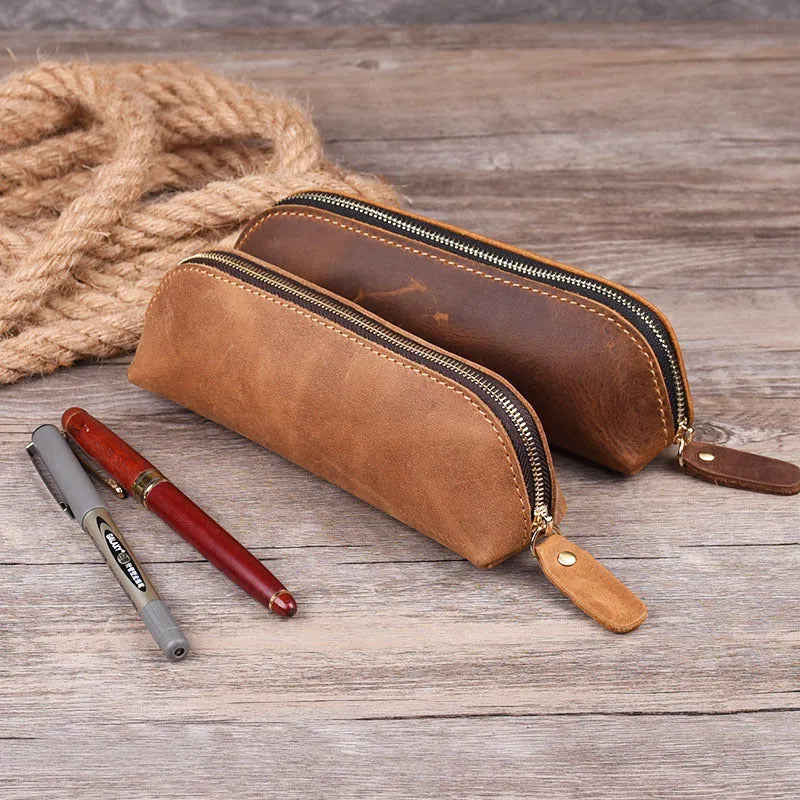 Genuine cowhide leather square pencil and glasses case with zipper in black colour