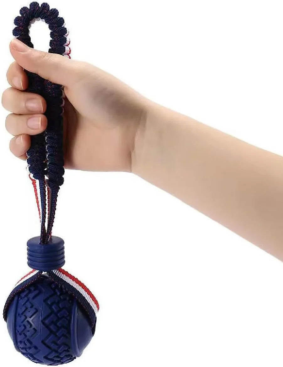 Blue dog ball with rope toy showing natural rubber ball and rope handle for medium and small dogs