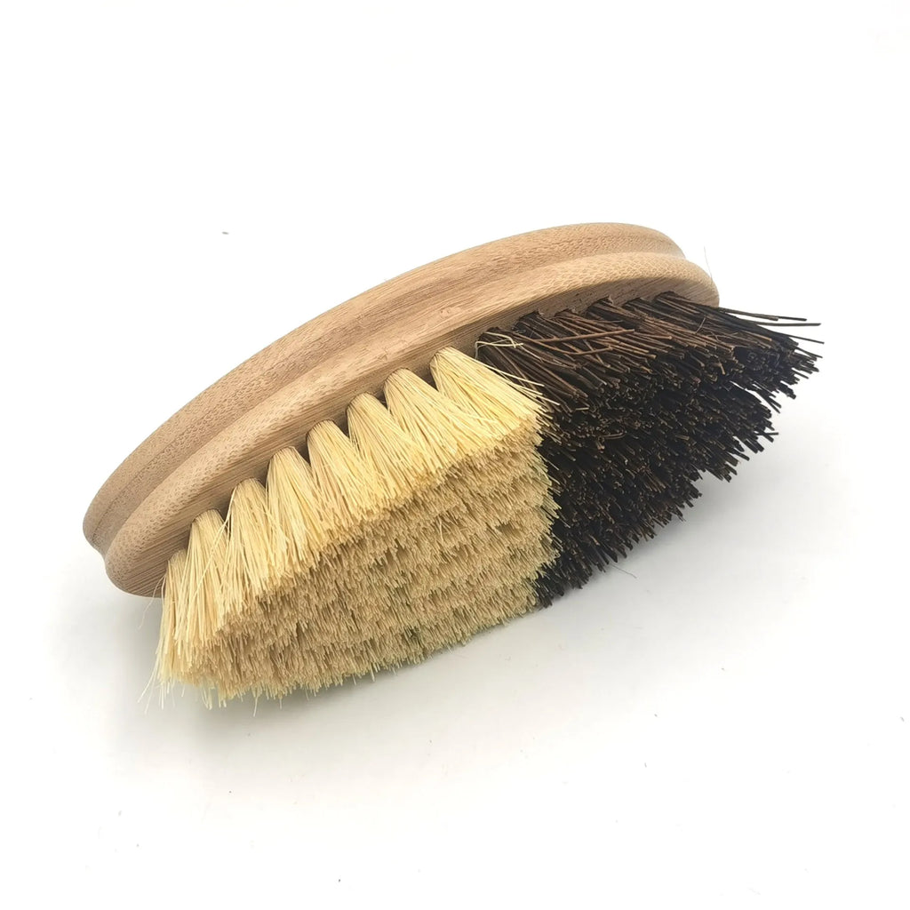 Bamboo vegetable brush with two-tone painted finish and oval shape for fruit and vegetable cleaning