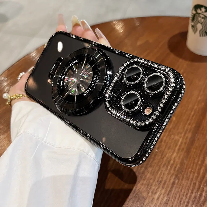 Clear magnetic bracket rhinestone frame phone case for Apple iPhone in pink, purple, blue, silver, and black.