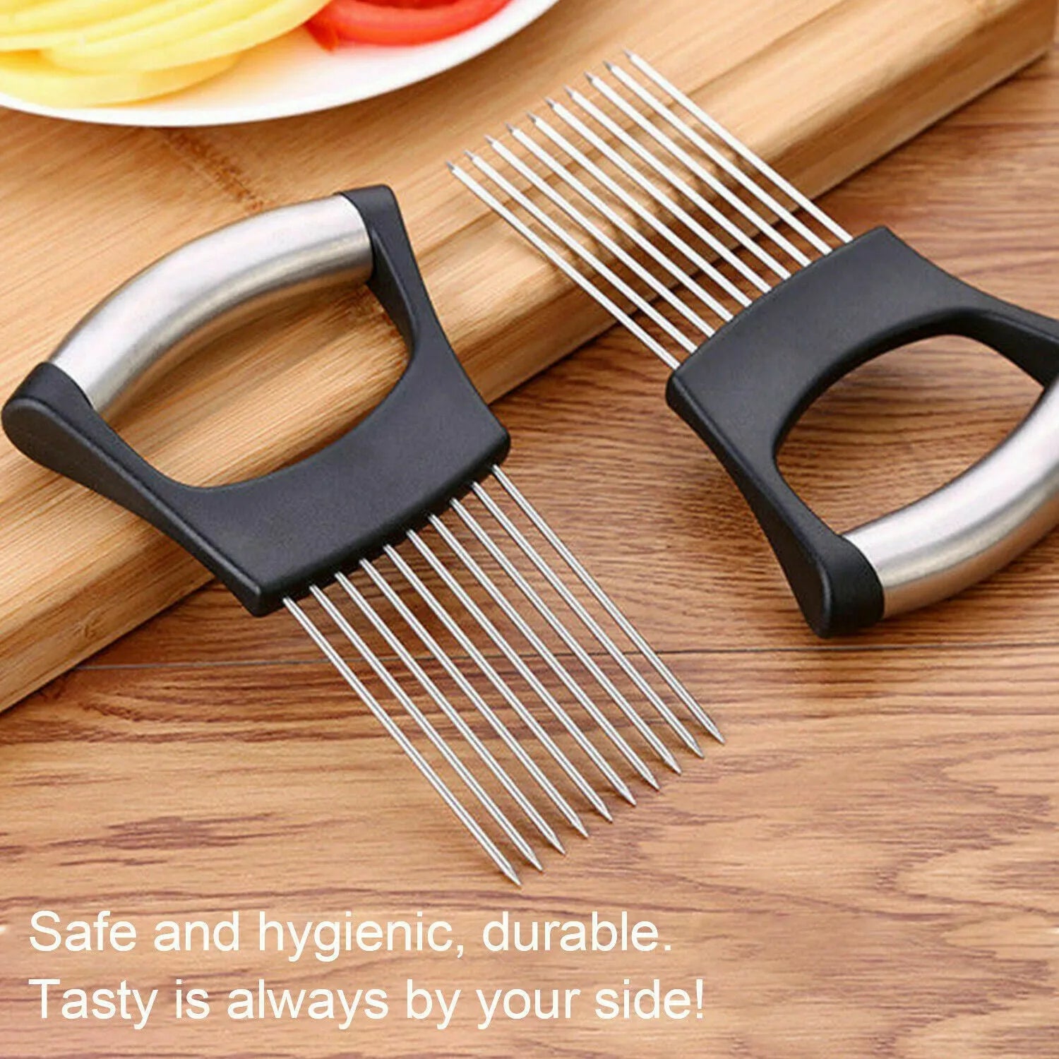 Stainless steel onion and tomato slicer holder with ABS handle on a kitchen worktop