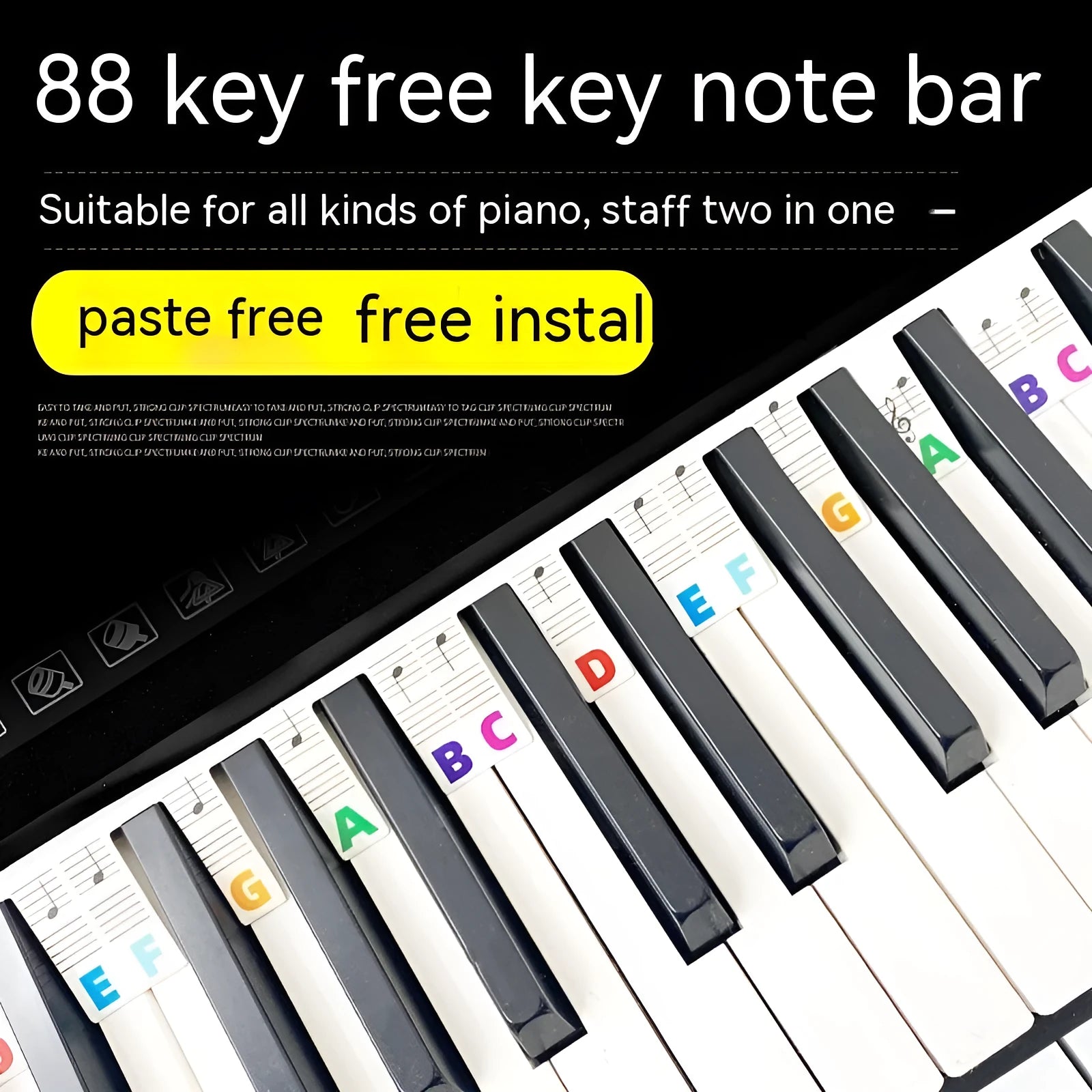 88 key piano keyboard stickers set with colour note bars and black notes on white card material