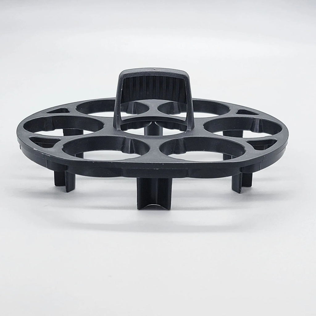 Black plastic egg holder basket with dimensions 13.8 by 12.6 by 5.7 centimetres