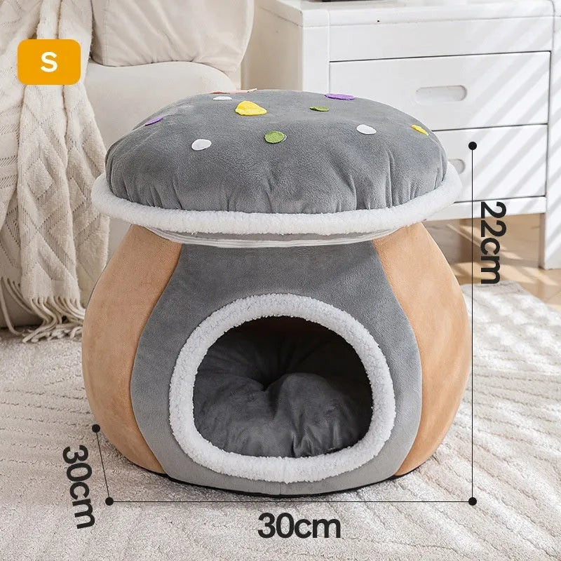 Mushroom-shaped cat bed with rabbit plush cover in grey pink purple colours