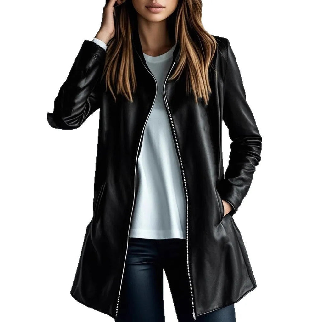 Black women's leather-style jacket medium length with long sleeves on hanger
