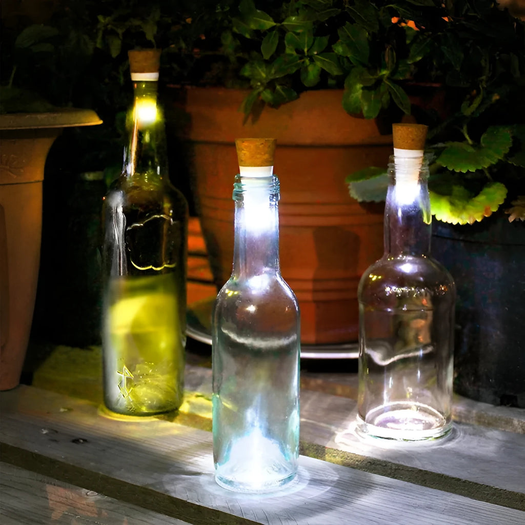 Rechargeable LED bottle cap cork light with plastic shell and 15 LED beads for decoration.