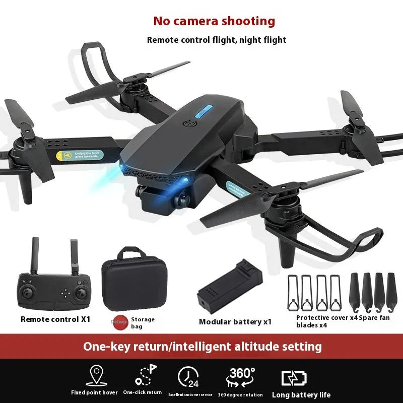 S138 black folding drone with propellers extended, shown next to its storage bag, highlighting its compact design and camera module.