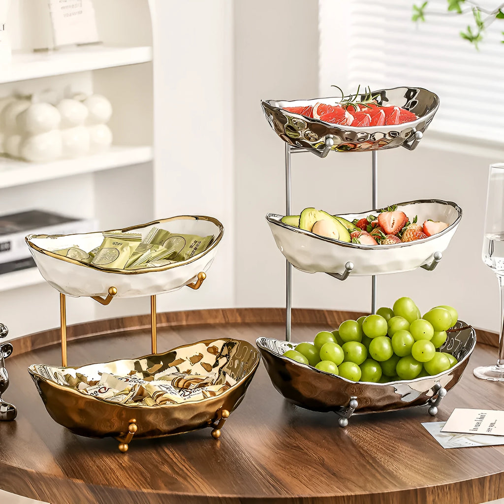 Multi-layer porcelain fruit tray with gold or silver electroplated stone texture frame, shown in double or triple tier.