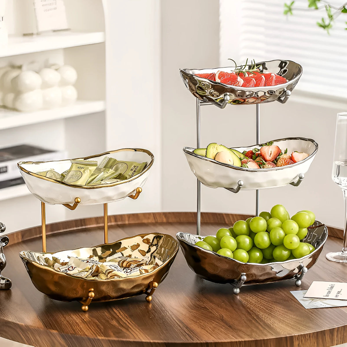 Multi-layer porcelain fruit tray with gold or silver electroplated stone texture frame, shown in double or triple tier.