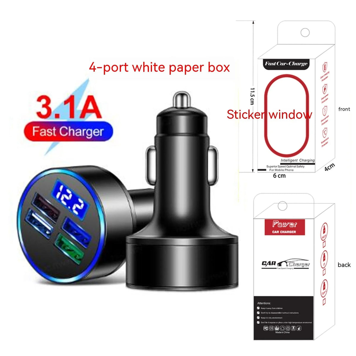 Black four-port USB car charger with cigarette lighter plug