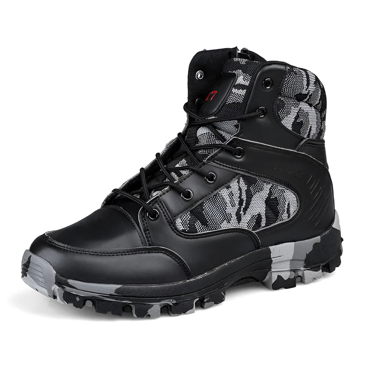 Men's black camouflage high-top hiking shoes with artificial PU upper and metal details