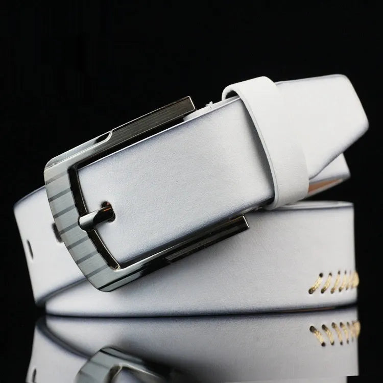Men's black retro-style pin buckle belt with pattern detail on imitation leather strap.